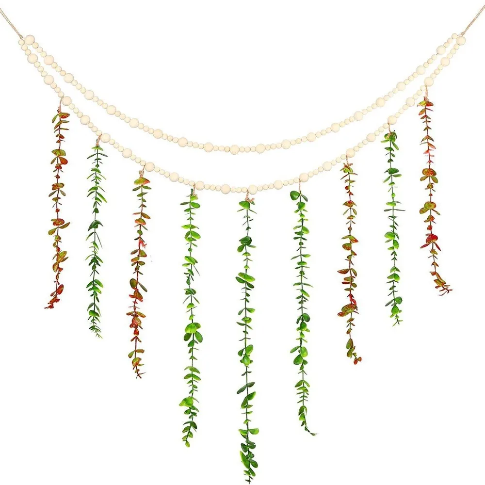 Wooden Beads Jute Rope Wall Hanging Decor Artificial Eucalyptus Leaves Photo Display Storage Home Wall Art