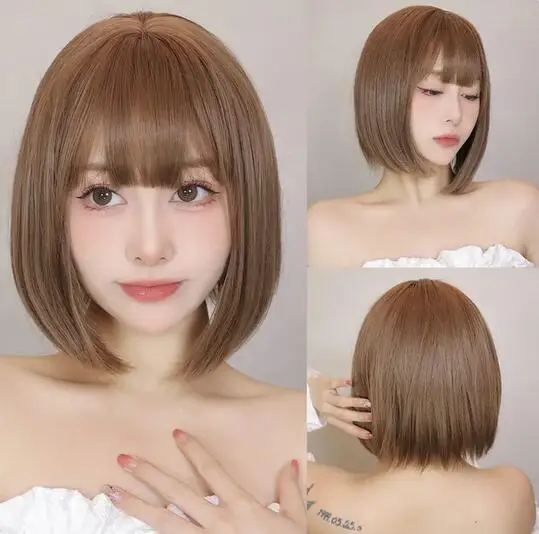 

Light Brown Synthetic Wigs Straight Short Bob Cut with Bangs Wig for White Women Korean Daily Party Cosplay Heat Resistant Hair