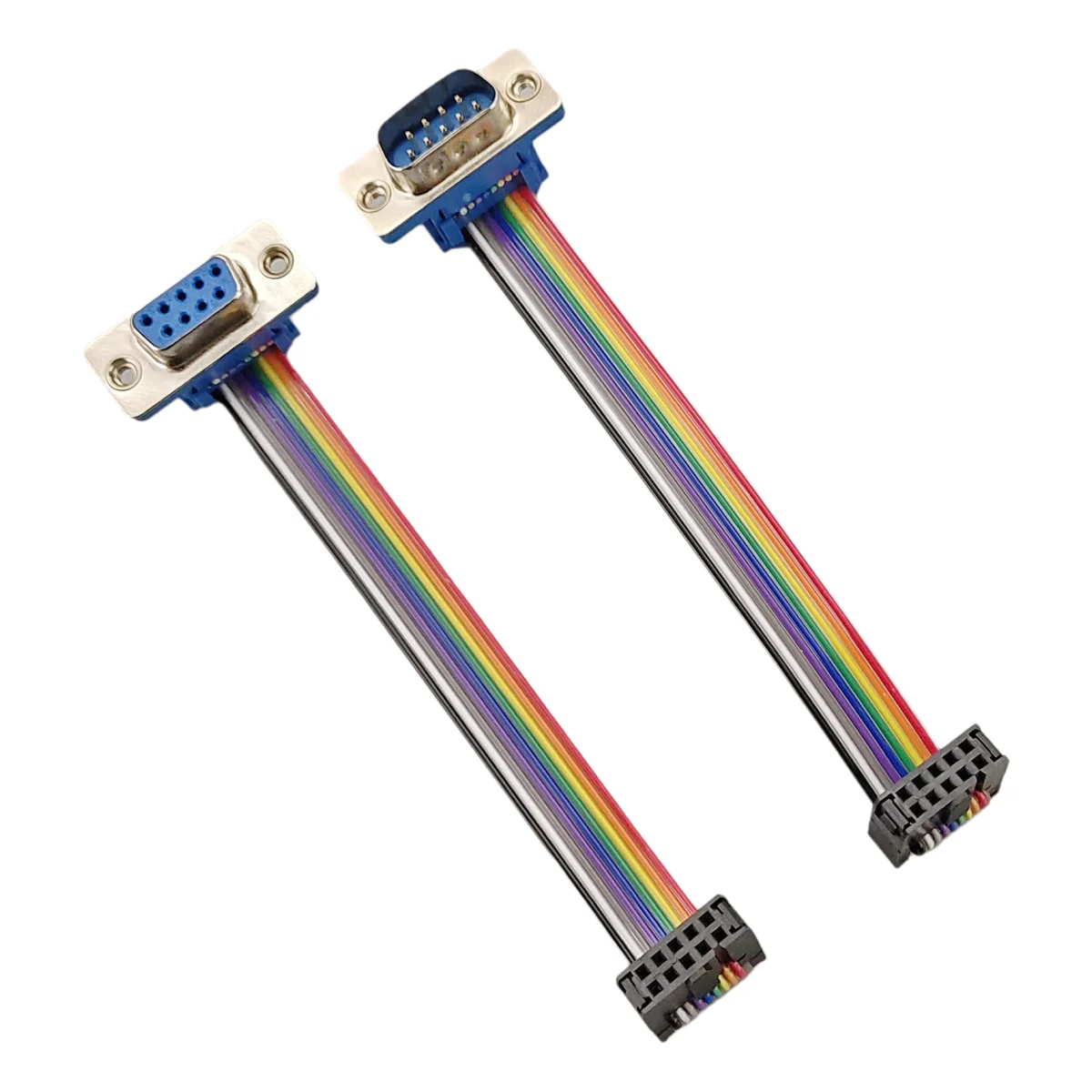 D-Sub DB9 9 Pin Male / Female Connector to FC-10P IDC Female 2.54mm 10 Pin Rainbow / Multicolor Flat Ribbon Cable to DIDC 9P