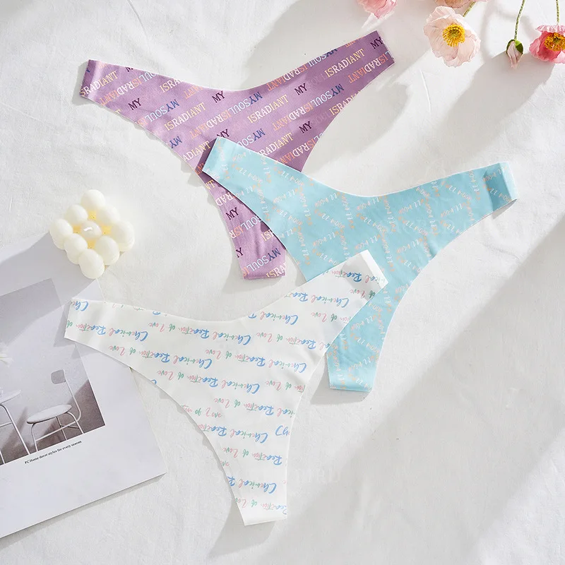 

Creative Print Women Panties Seamless Ice Silk T-Pants Yoga Sports Briefs Sexy Lingerie Breathable Thongs Ladies T-Back G-String