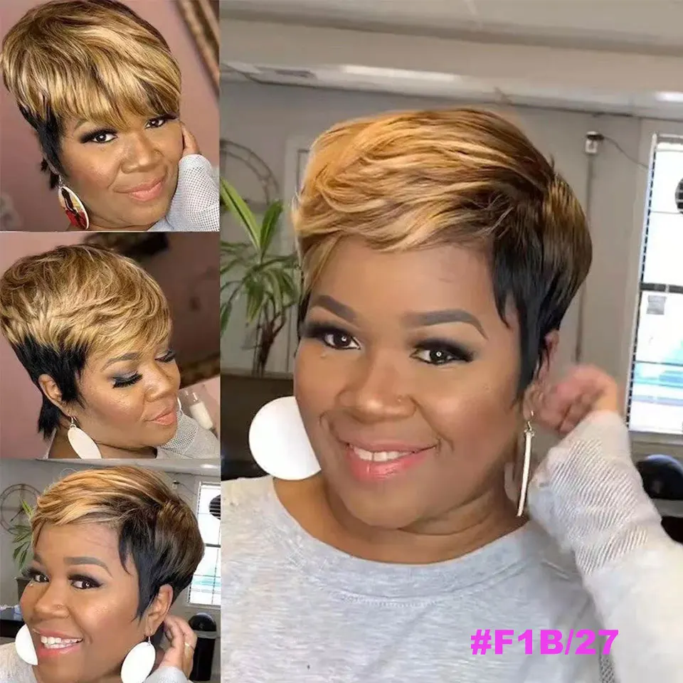 Cheap Short Pixie Cut Wig Omber #1B/27#1B/99J#1B/Bug Human Hair Wigs  For Black Women Remy Hair Full Mahine Made Human Hair Wig