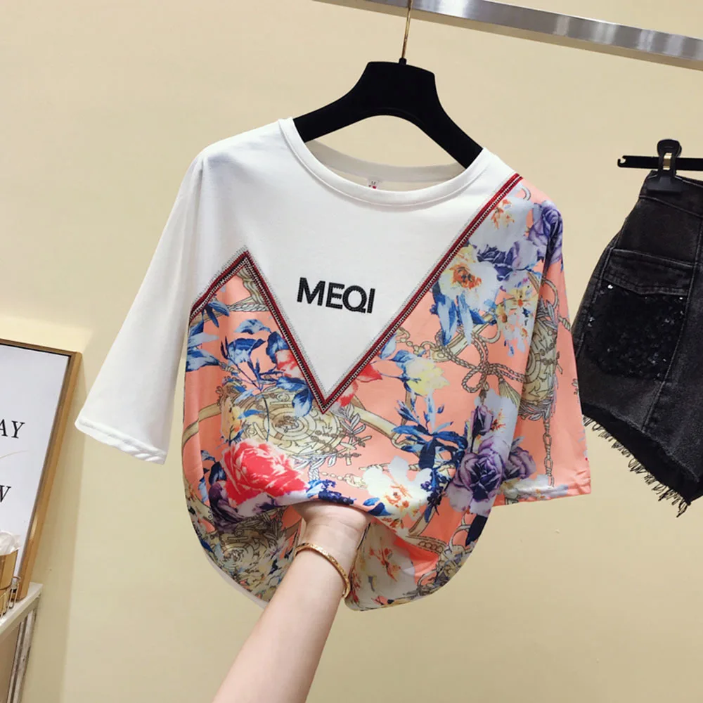 Women Cotton Casual T-shirts New 2022  Summer Vintage Style O-neck Floral Print Loose Female Short Sleeve Tops Tees S-4XL 100KG