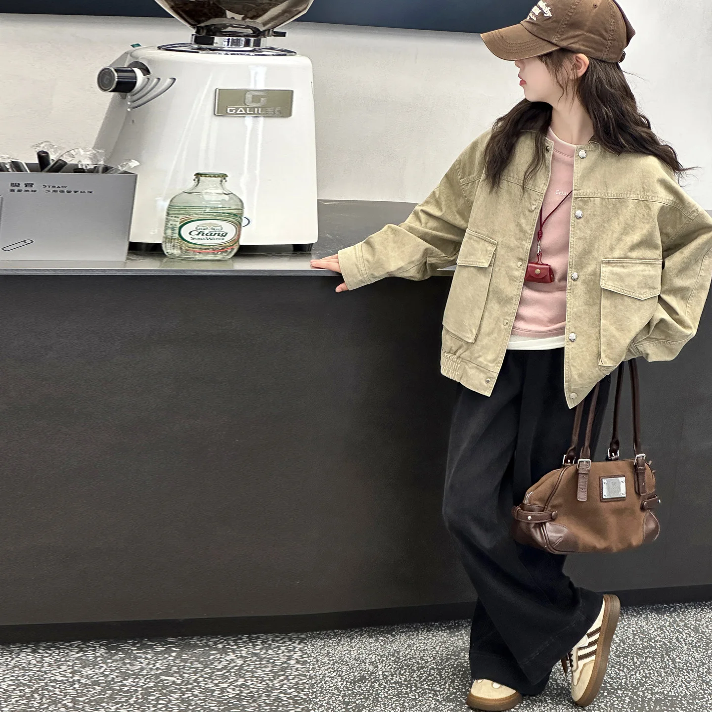 

Наряд для маленьких девочек, осенняя однобортная куртка-карго для школьниц, детские свободные прямые джинсы для девочек, комплекты из 2 предметов для девочек