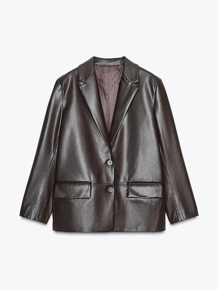 Faionable Loose Long Sve Leather Effect Suit Jaet Women's Casual Sle Autumn New Arrival Button Closure Coat