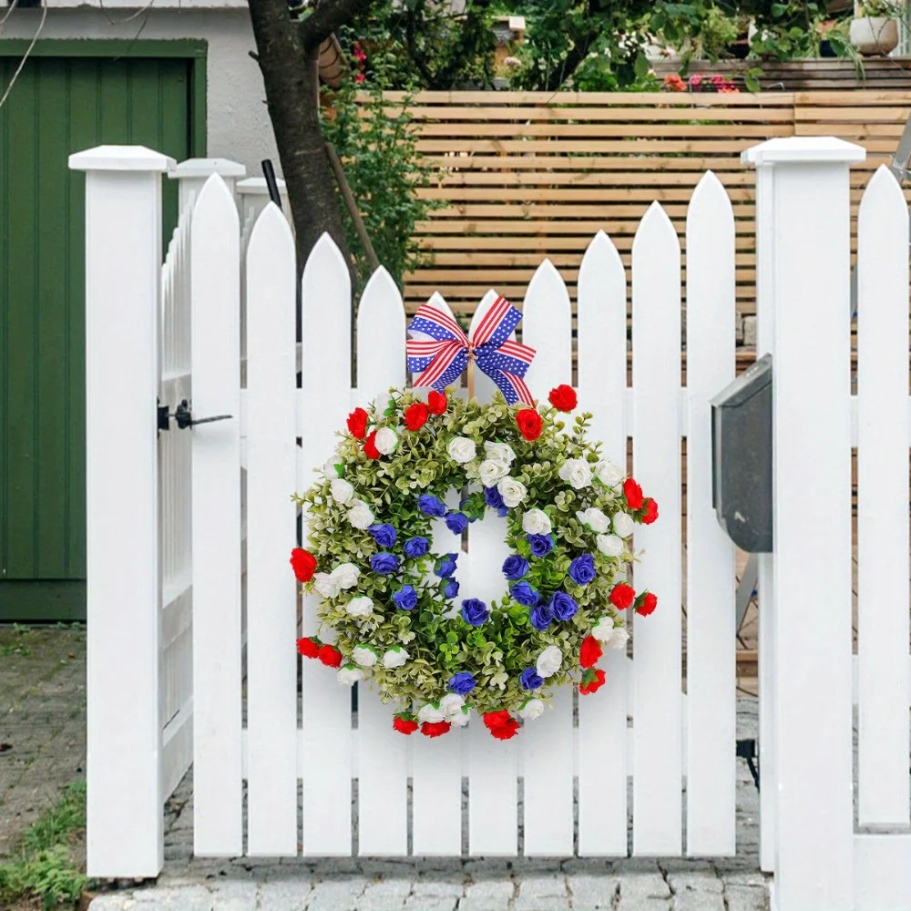 

Independence Day Artificial Flower Wreath with Stripe and Star Flag Bow, 4Th of July Patriotic Wreath, 17.7in Artificial