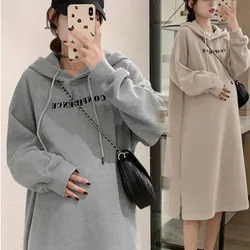 Maternity Dress Autumn and Winter Pregnant Women's Sweater Dress Hooded Pullovers Side Split Maternity Hoodies Long Sweatshirts