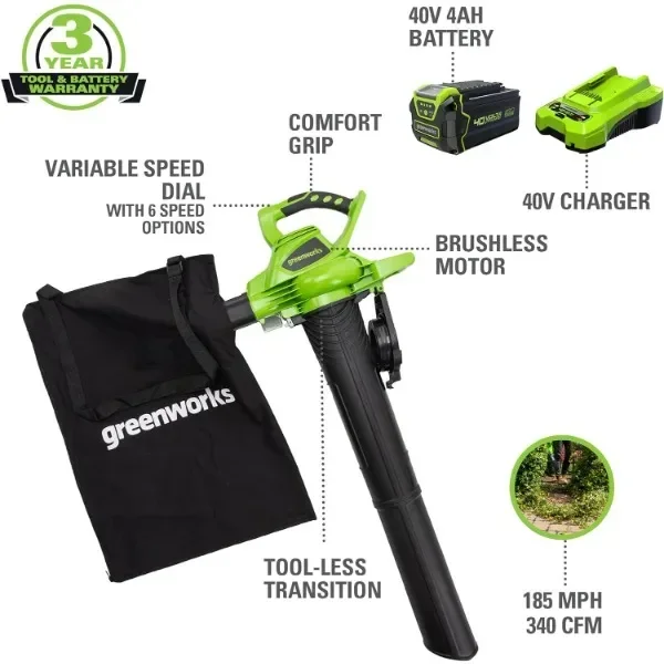 Greenworks 40V (185 MPH / 340 CFM / 75+ Compatible Tools) Cordless Brushless Leaf Blower / Vacuum, 4.0Ah Battery and Charger