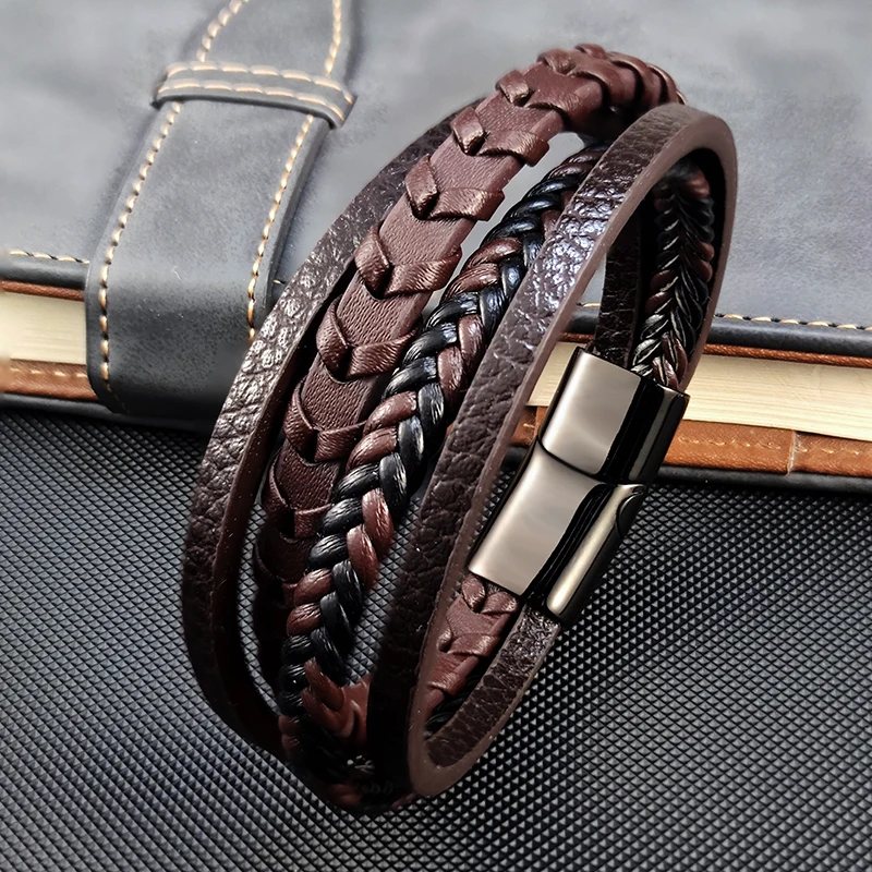 MingAo Men's Bracelet Fashion Multilayer Leather Stainless Steel Magnet Buckle Bracelet Birthday Jewelry Men's Accessories Gift