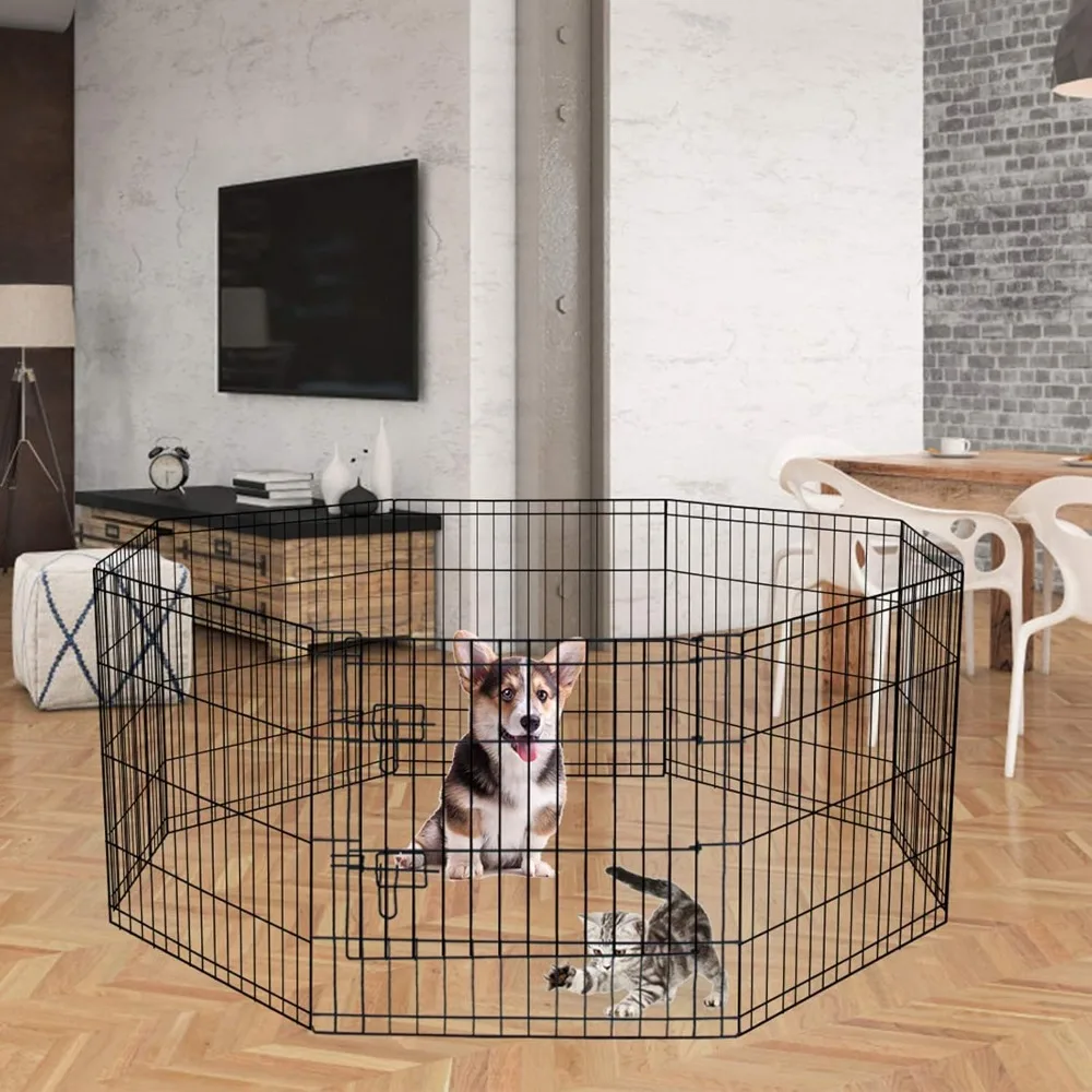 Puppy Pet Playpen 8 Panel 24 Inch Indoor Outdoor Metal Portable Folding Animal Exercise Dog Fence Ideal for Pet Animals Dog Cat