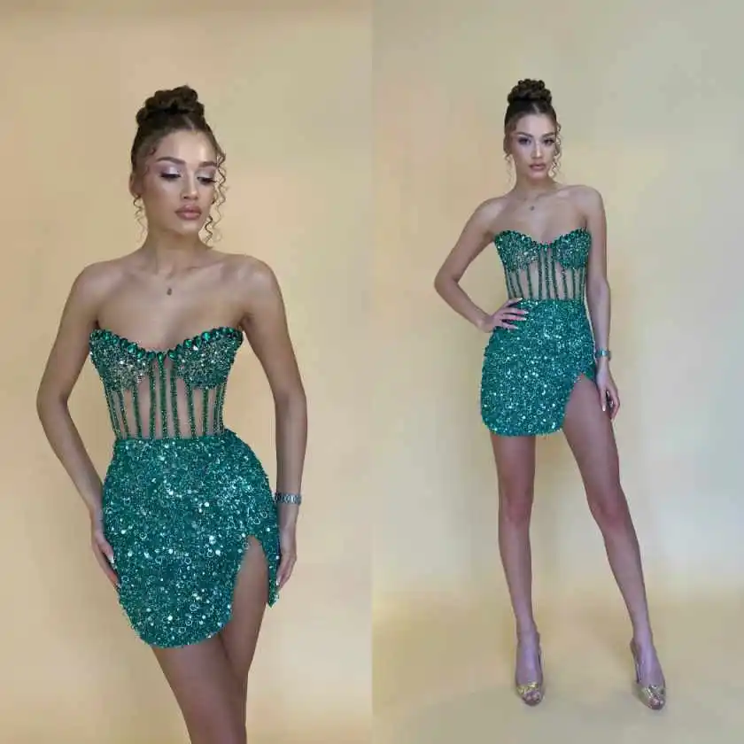 Gorgeous Strapless Mini Evening Dress Emerald Sequin Bodice Sheer Vertical Accent High Slit Formal Occasion Outfit Customized