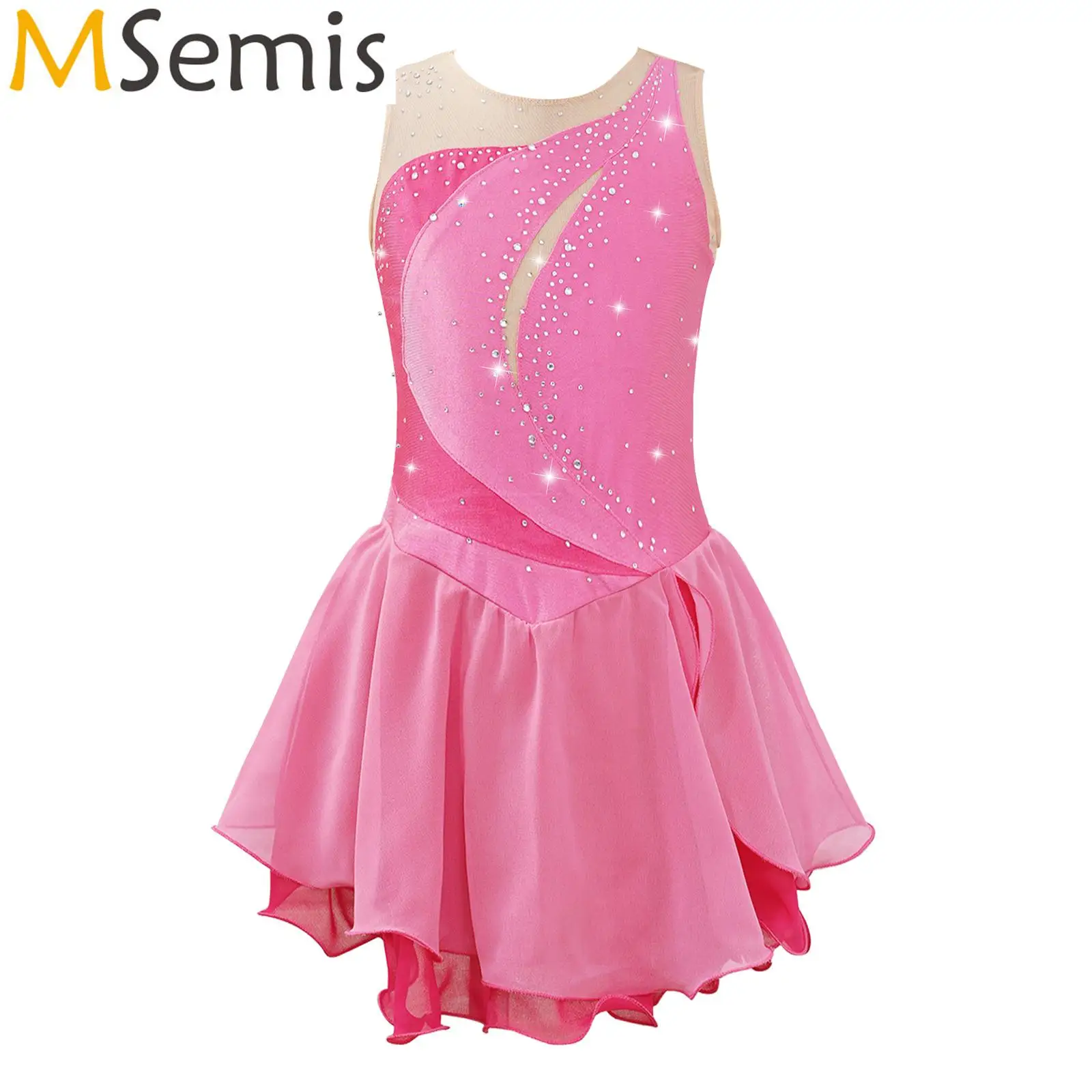 Kids Girls Ruffle Figure Ice Skating Dance Dress Gymnatics Ballet Lyrical Leotards Dress Round Collar Shiny Rhinestone Dresses