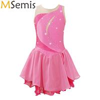 Kids Girls Ruffle Figure Ice Skating Dance Dress Gymnatics Ballet Lyrical Leotards Dress Round Collar Shiny Rhinestone Dresses
