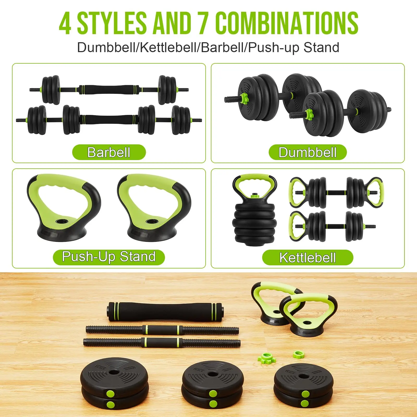 4-in-1 Adjustable Dumbbell Set 44 lb - Converts to Dumbbells/Barbell/Kettlebell/Push-Up Handles - Compact Home Gym Free Weights, Non-Slip Grip, Rubber-Coated Plates