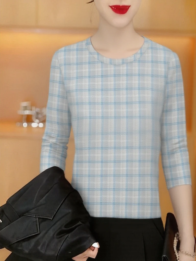 

Spring Autumn Plaid Long Sleeve T-Shirt Women's Casual Style Mom Clothes Anti-Aging Belly Covering Slimming Top