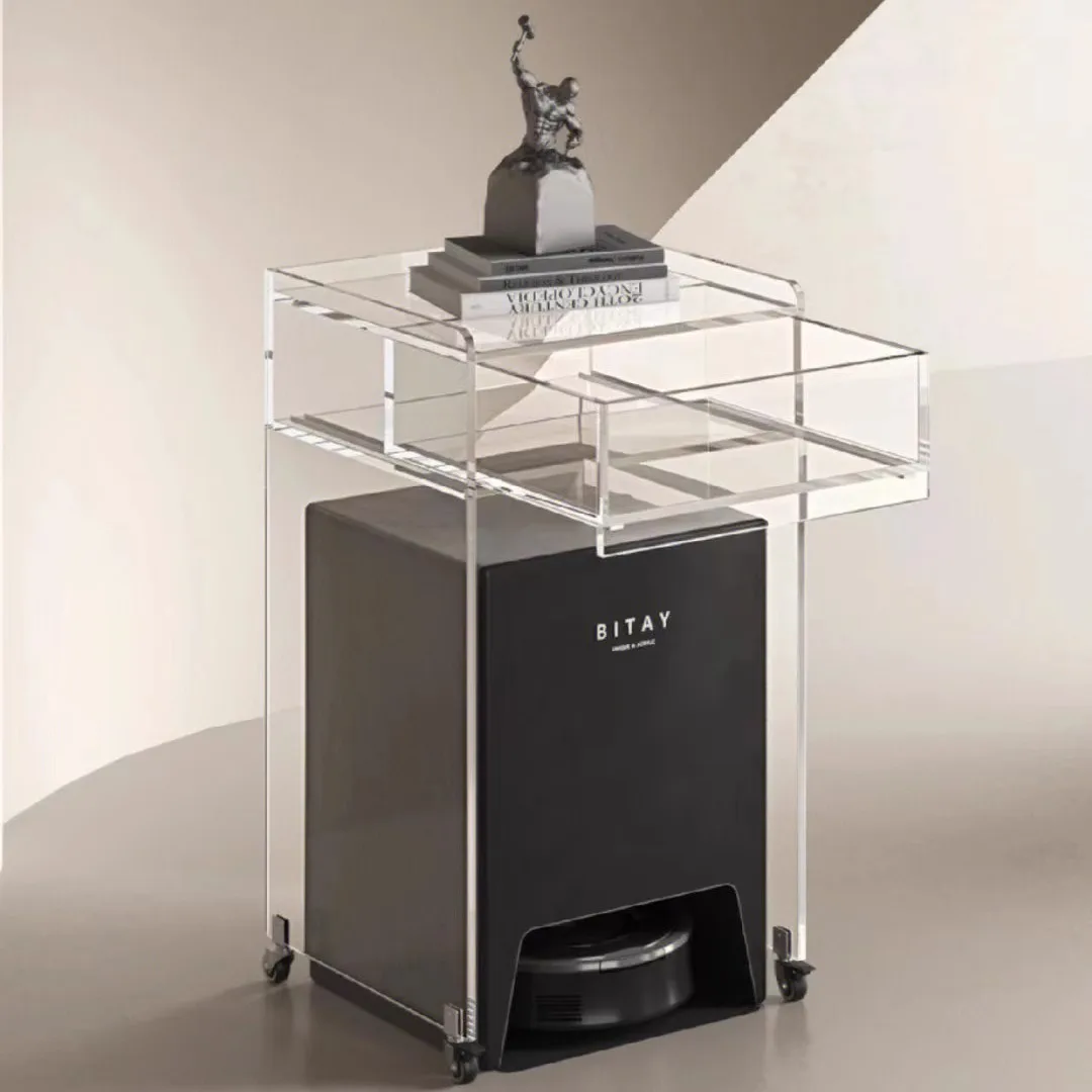 Acrylic sweeping robot rack storage, living room side few with drawers, wheeled mobile storage cabinet