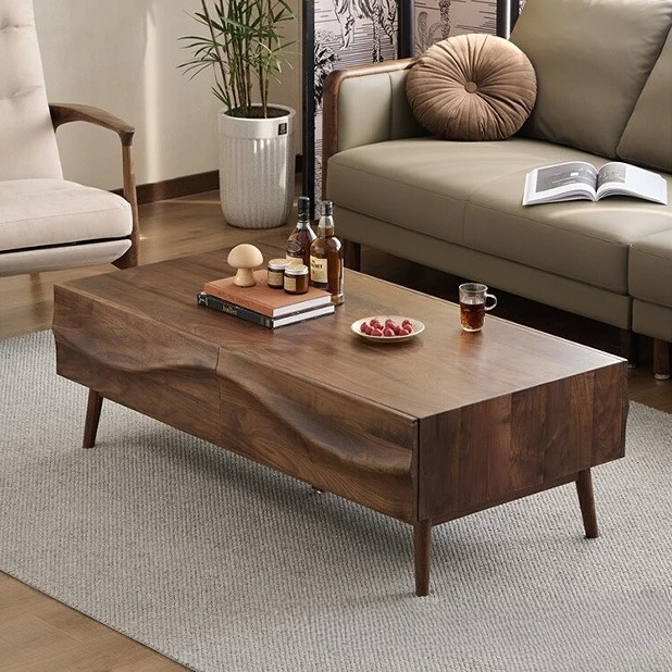 Ins style solid wood coffee table walnut color coffee table with drawers Nordic Japanese simple modern furniture