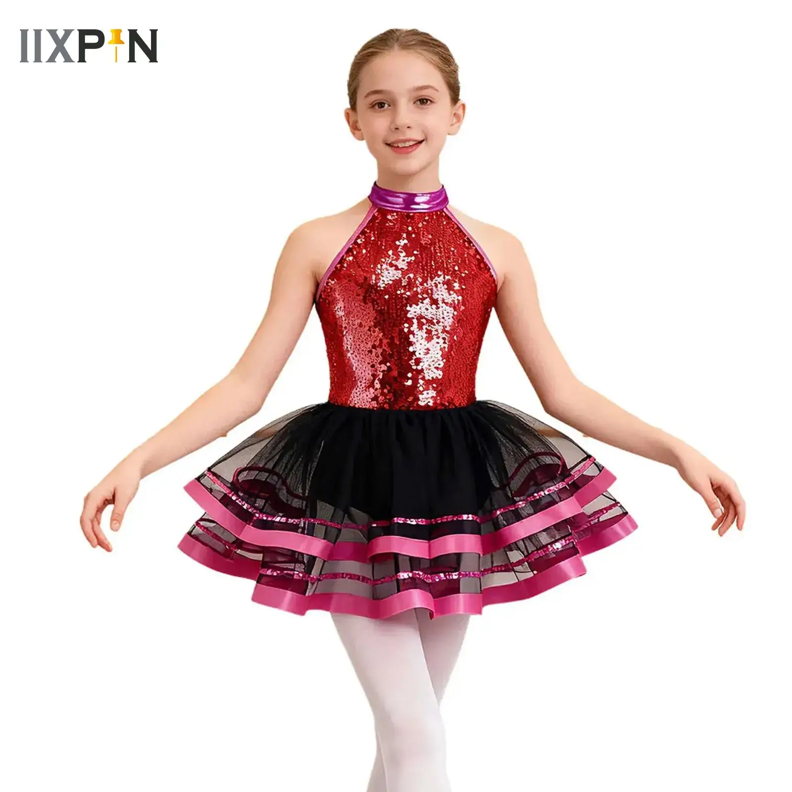 

Kids Girls Sequins Ballet Jersey Dance Dress Gymnastics Leotard Figure Skating Latin Jazz Dance Performance Mesh Tutu Skirted
