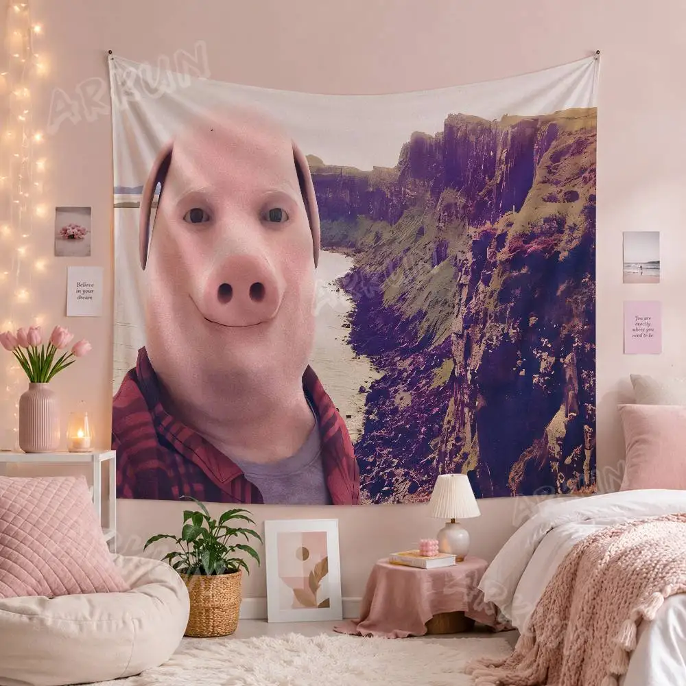 Funny John Pork Meme Tapestry Retro Cliff Coast Scenery Wall Hanging Weird Viral Internet Meme Art Cloth Background Wall Decor