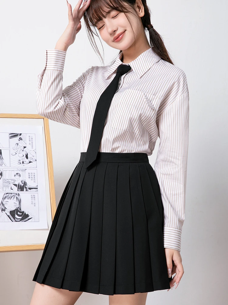 Japanese Preppy Style Striped Polo Collar Long Sleeve Blouse Shirt High Waist A-line Black Pleated Skirt Two-piece Set Women