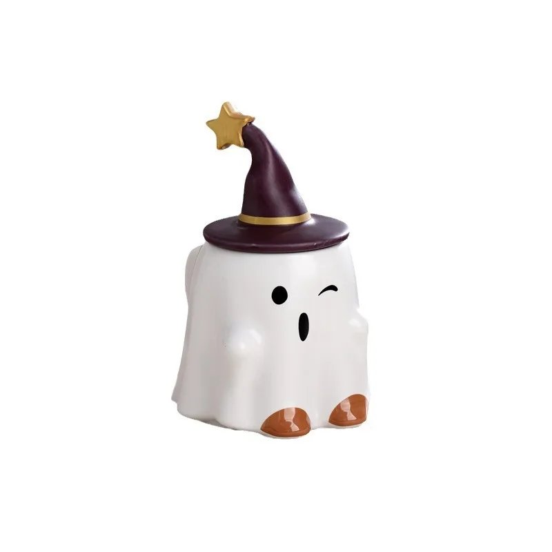 Kubek z duchem na Halloween z pokrywką Uroczy kubek z duchem Kreatywny kubek z duchem Zabawny kubek ceramiczny 450 ml Pamiątka na Halloween