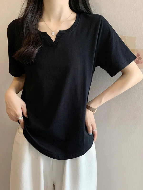Pure White V-Neck Short Sleeve T-Shirt Base Shirt Women Summer New Large Size Fat MM Slimming Casual Simple Top