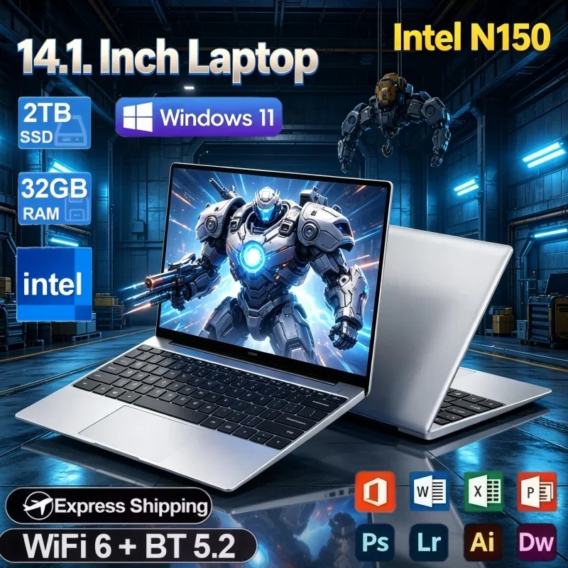 14.1 Inch Ultra Slim Multifunctional Notebook PC Intel N150 32GB RAM 2TB SSD Win11 Office Student Gaming Laptop