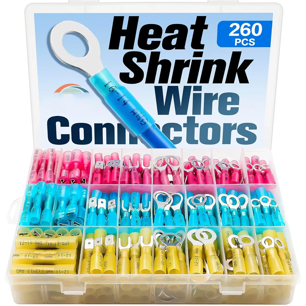 

260/600Pcs Heat Shrink Wire Connectors Kit-Crimp Terminal Set for Electrical Wiring-Waterproof Fork Spade Ring Butt Connector