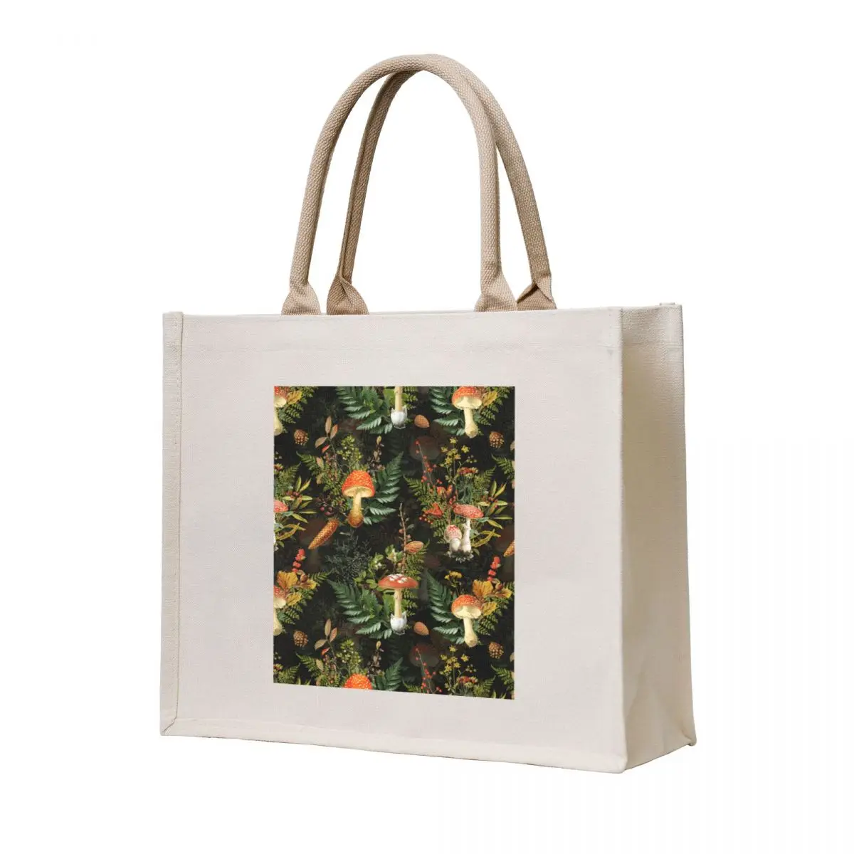 

vintage midnight toadstools in the forest Botanical Night Garden on black Nightgarden Tote Bag hand bag Large bags for women