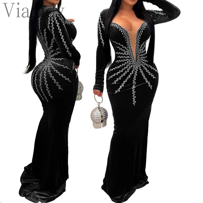 Vestido de fiesta de noche hasta el suelo con cuello en V y diamantes de imitación de malla de terciopelo Sexy para mujer vestidos de sirena con