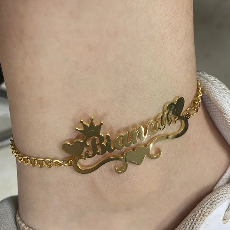 1 Pcs Custom Crown Name Heart Anklet Women Summer Beach Vacation Personalized Stainless steel Cuban Chain Jewelry Accessories