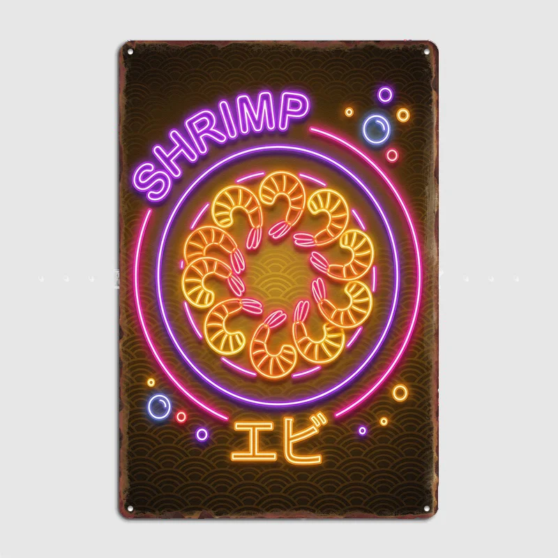 Neon Shrimp Japanese Food Poster Metal Wall Art Cave Garage Classic Painting Tin Sign Vintage Posters Room Decor Home Decoration