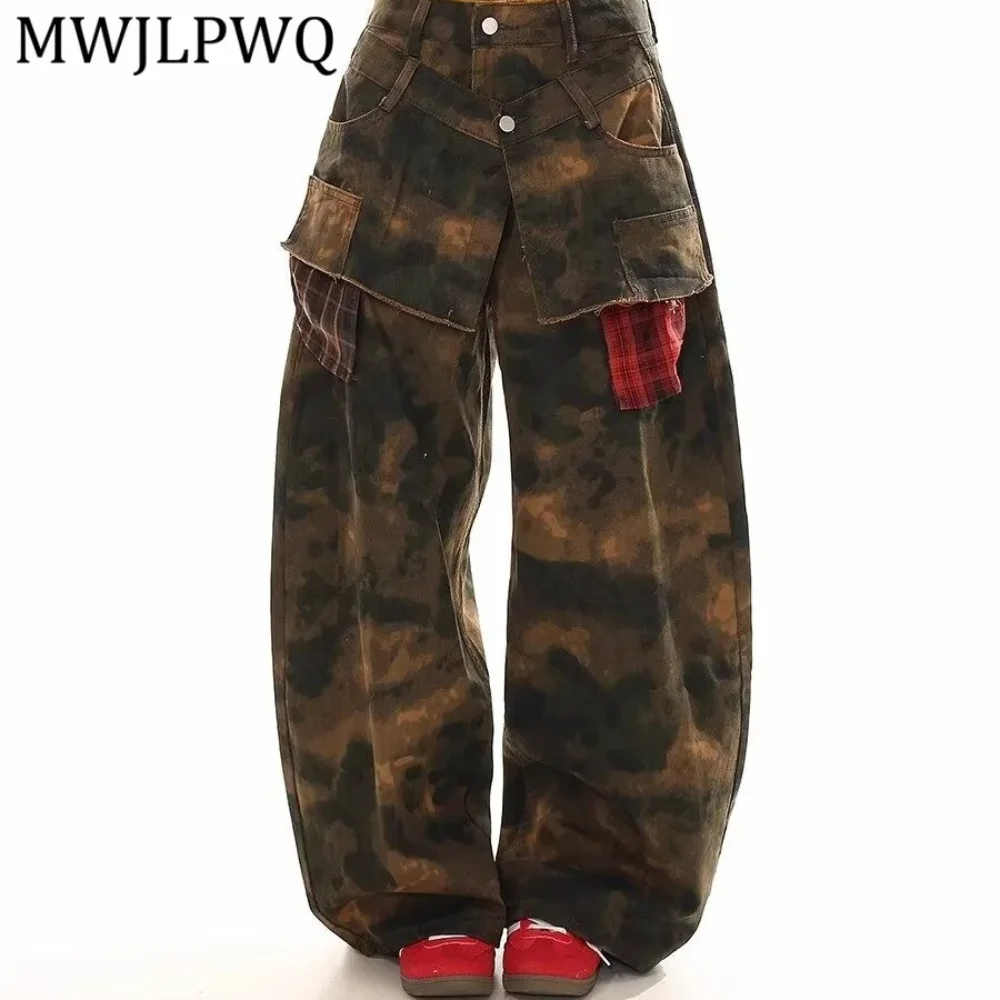 

MWJLPWQ American Retro Camouflage Curved Jeans For Men And Women Summer Trendy Wide-Leg Pants Street Loose Casual Trousers 14863