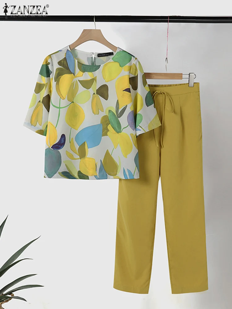 ZANZEA-Conjunto de 2 piezas para mujer, traje de pantalón Vintage con estampado Floral bohemio, blusa de media manga y pantalones a juego para vacaciones, 2024