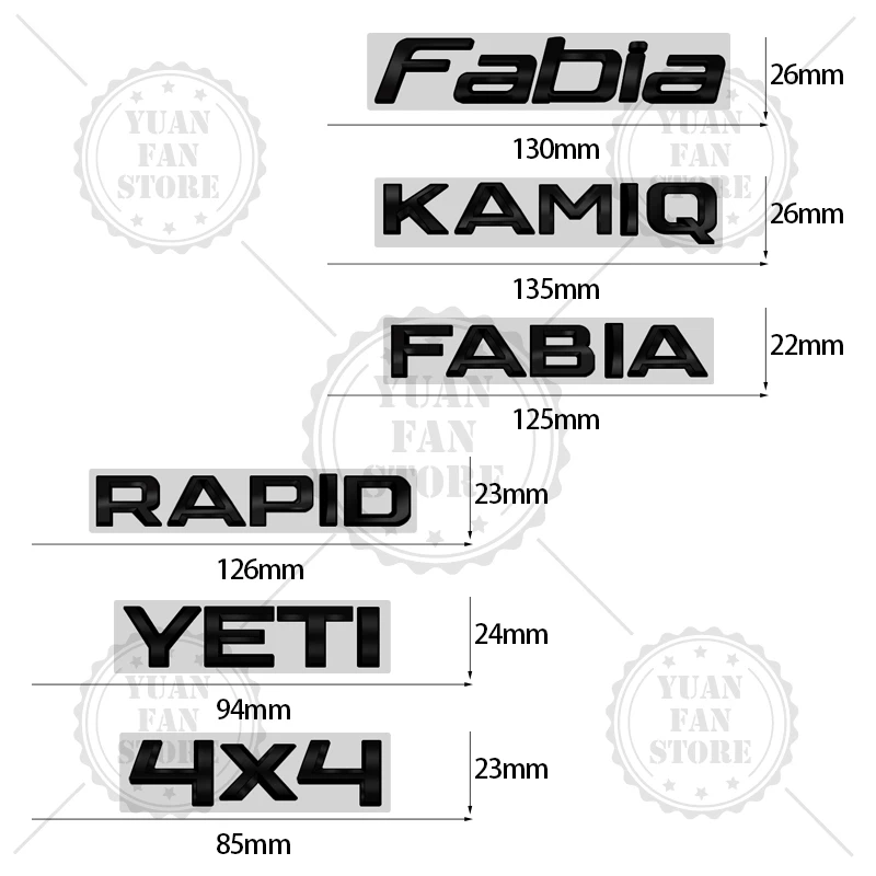 Glossy Black For Skoda Octavia Rapid Kodiaq Karoq 4X4 Fabia Kamiq Superb Yeti Metal Badge 3D Stickers Car Trunk Body Decal