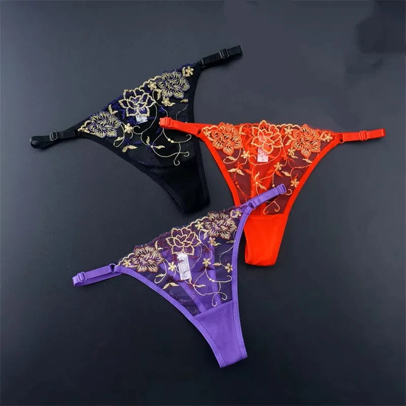 3PC Adjustable Transparent Lace Women Thong Thin Strap Embroidery Floral G-string Sexy See Through Mesh Ladies Panties Plus Size