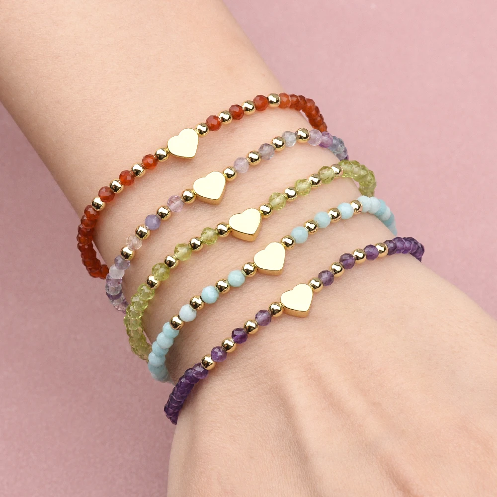 3MM Natural Stone Sunstone Lapis Garnet Moonstone Amethyst Hematite Heat Brass Beads Stretchable Bracelets For Lady Gift
