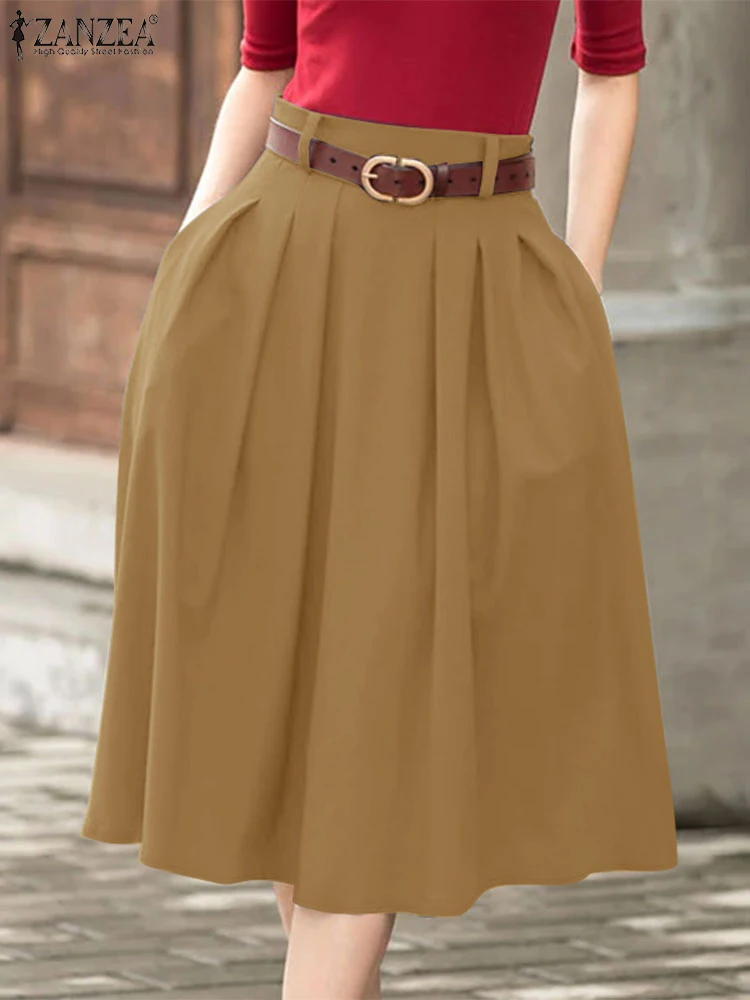 ZANZEA Summer Solid Midi Skirt Elegant Women High Waist Work OL Skirts Fashion A-line Jupes Stylish Party Faldas Saia  Plus Size