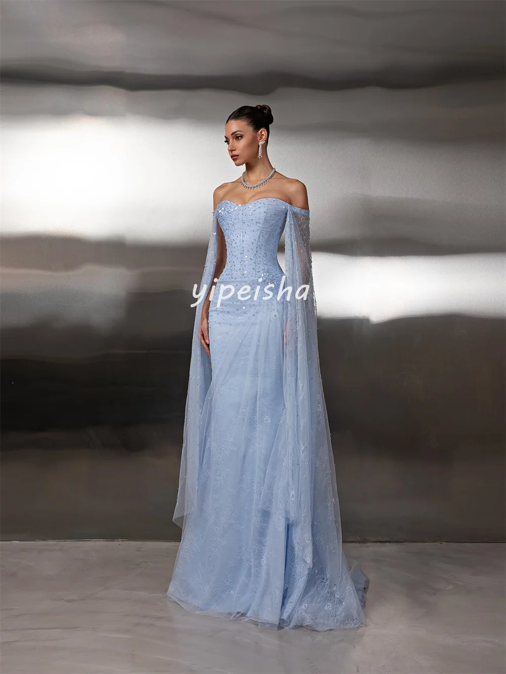 Aangepaste mode glitter kant plooi strass lovertjes kralen zeemeermin off-the-shoulder lange jurken op maat gemaakte gelegenheidsjurken