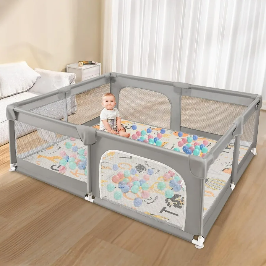 Box per bambini extra large al limone acido da 79x71 pollici con tappetino da gioco e recinzione per cancello di sicurezza per uso interno ed esterno Include 50 Ocean Bal