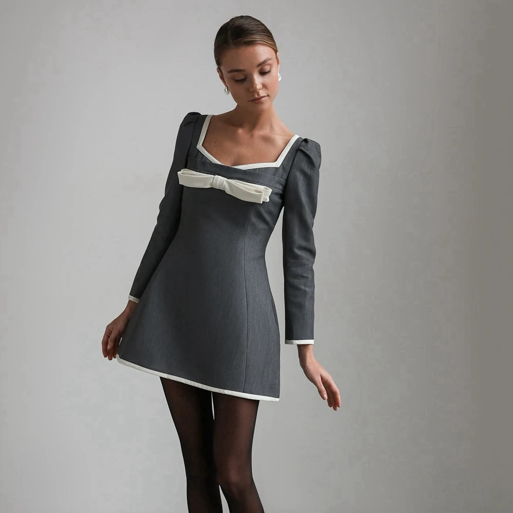 Mini robe de soirée trapèze grise élégante avec nœud blanc, col carré, manches longues bouffantes, robes de bal de Cocktail formelles pour femmes