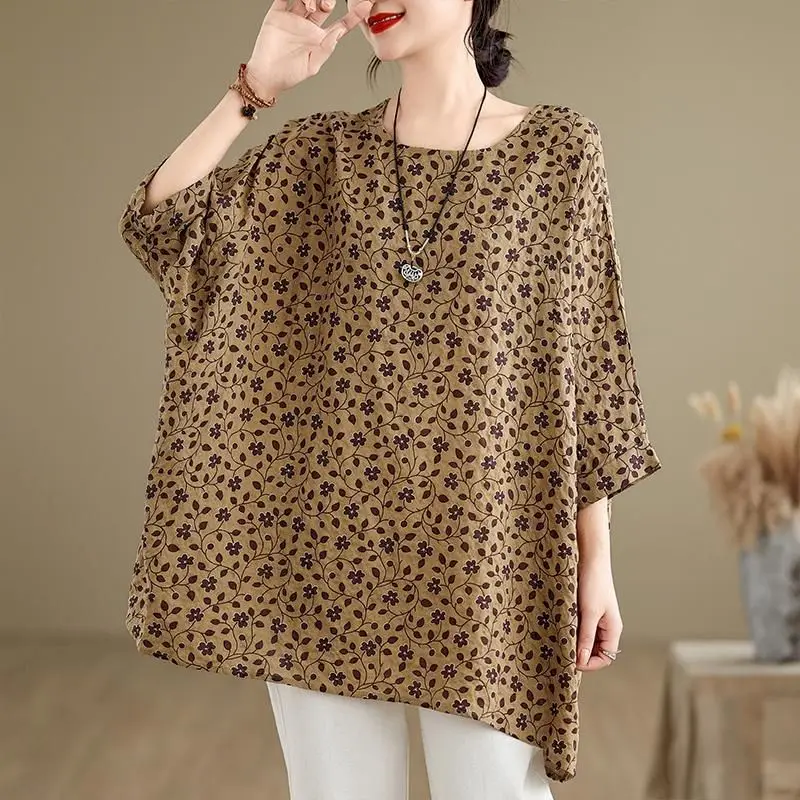 Cotton Linen T Shirts Women Fashion Temperament Print Pullover T-shirt Casual Loose Half Sleeve Oversized Tops Summer Trend Thin