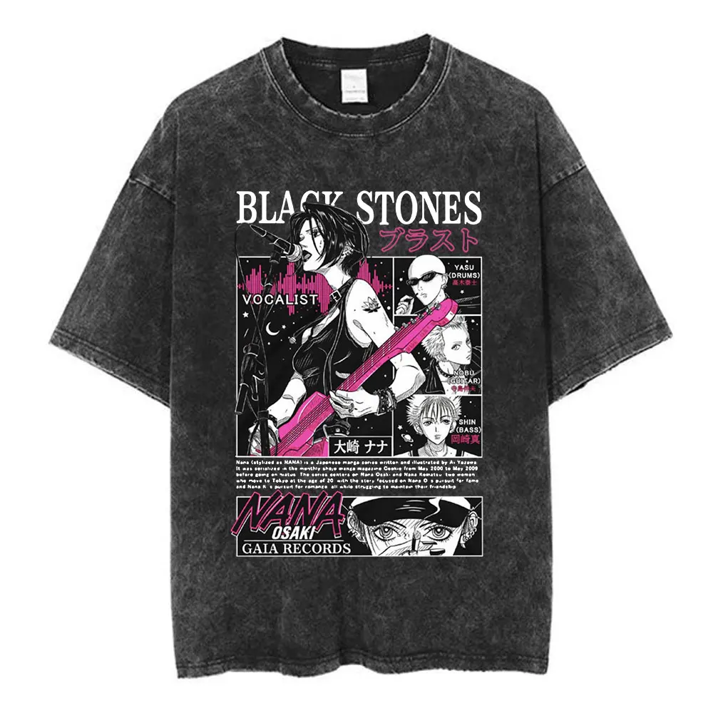 Japanese Anime Black Stones Nana Osaki Vintage Washed T-shirt Men Women Clothing Short Sleeve T-shirts 100% Cotton Loose T shirt