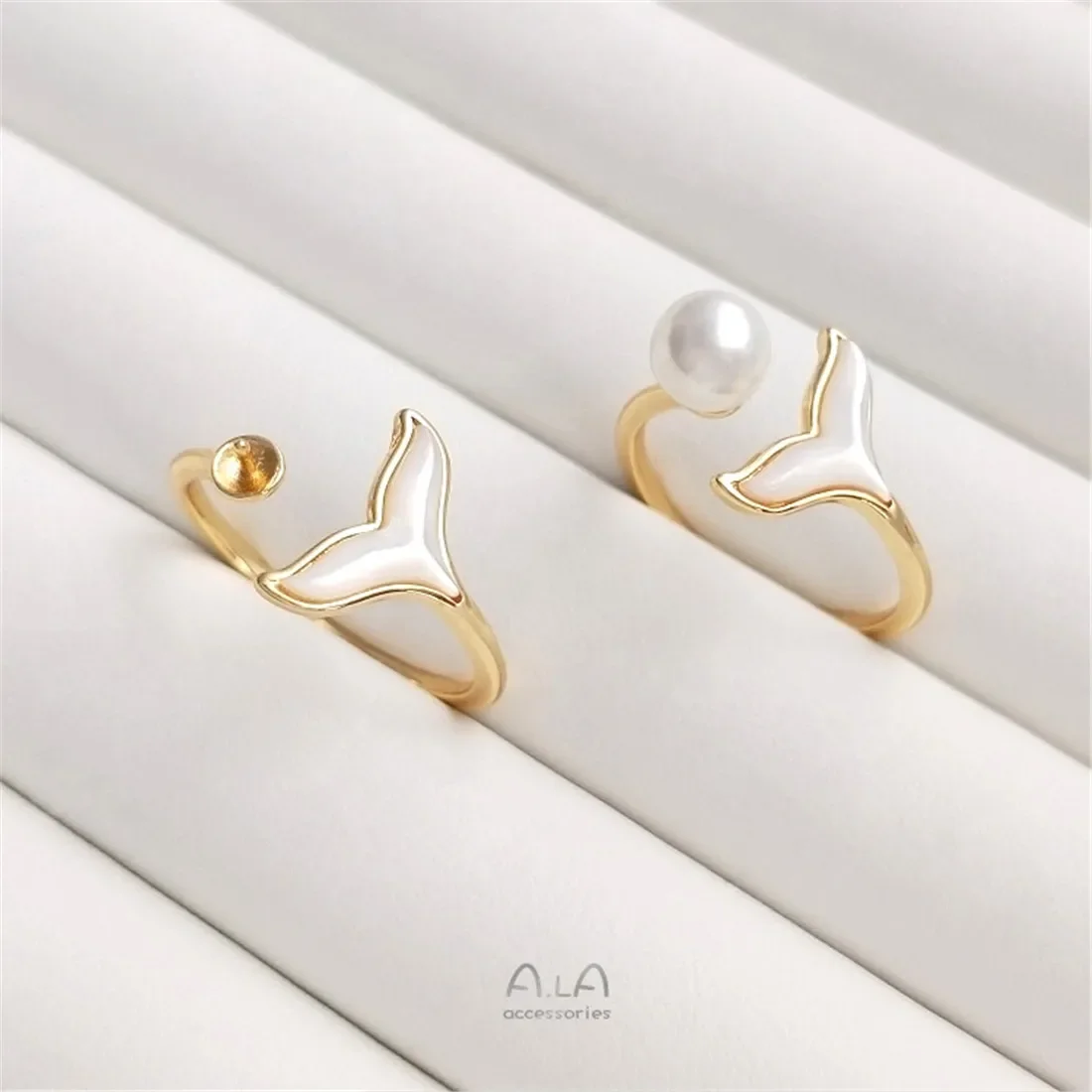 DIY Handmade Accessories 14K Gold Shell Fish Tail Ring with Empty Half Hole Pearl Holder and Fashionable Open Ring B695