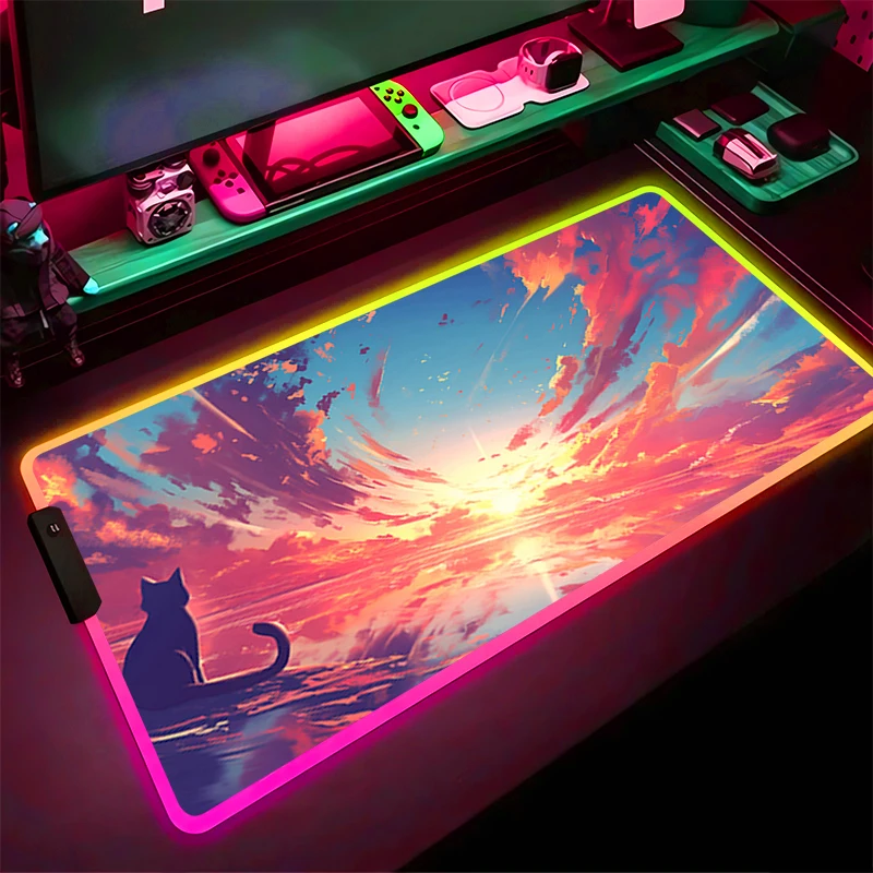 RGB LED Mouse Pad Computer Gamer PC Accessories Mousepad HD Rubber Extended Pad Non Slip Desk Mat Laptop Clouds Cat Keyboard Pad