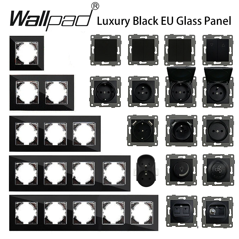 EU Glass Panel and USB Socket TV ST CAT6 Internet RJ45 Function Key Electrical Outlet Wallpad Black Switch DIY Free Combination