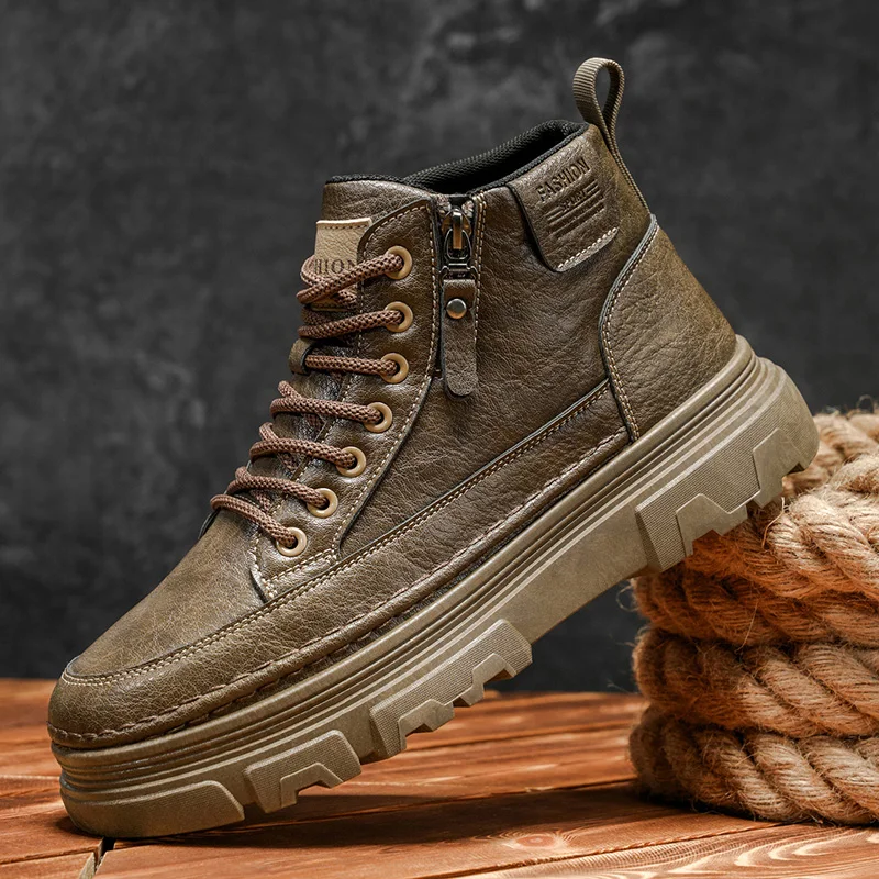 

Men Boots Autumn Leather Waterproof Mid-top Sports Shoes New Fashion Ankle Boots Casual Outdoor Hiking Boots Shoes Male Sneakers