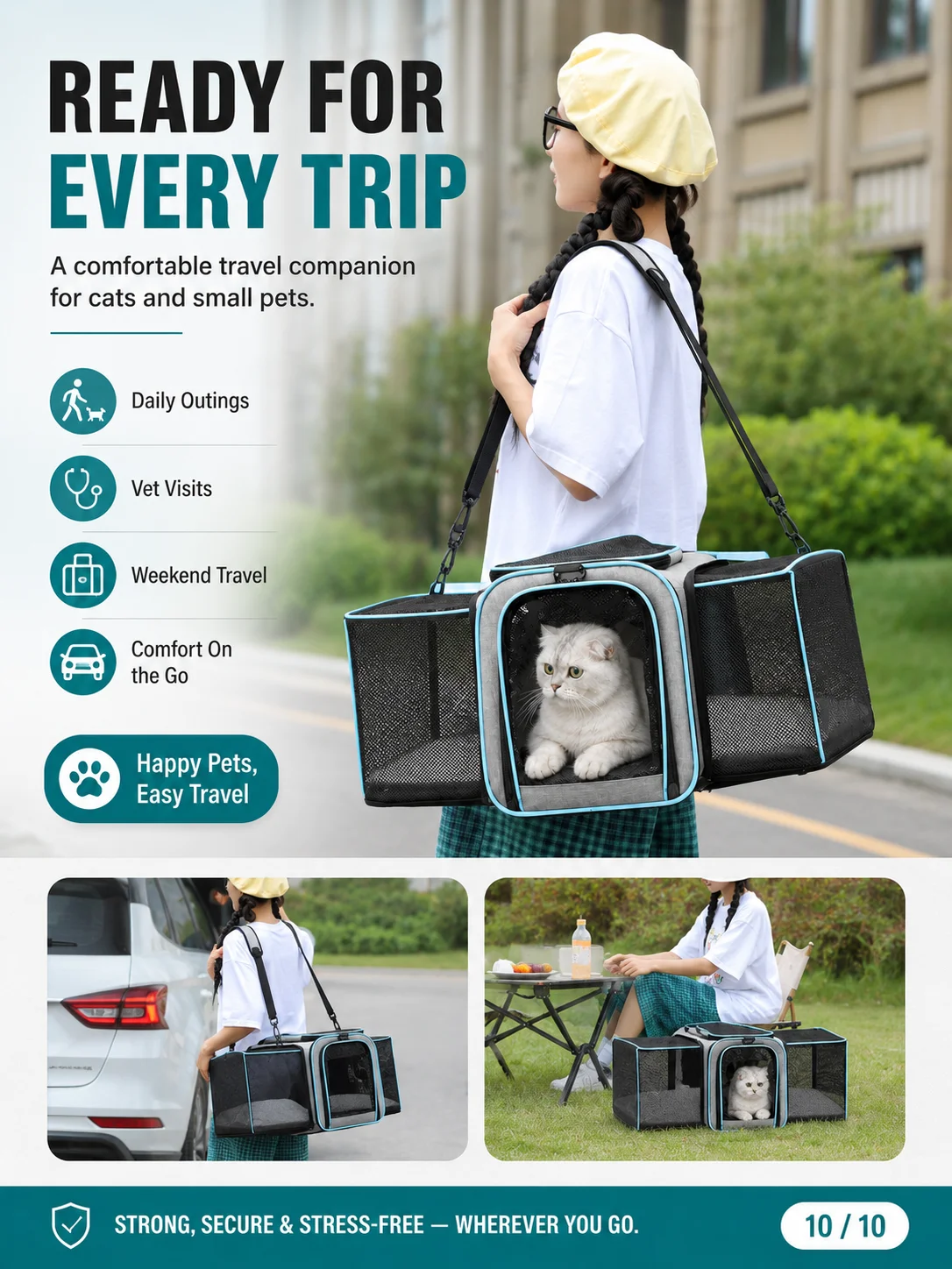 Stylish Breathable Pet Carrier with Double Side Expandable Design, Portable Hand Crossbody Shoulder Travel Bag for Cats & Dogs