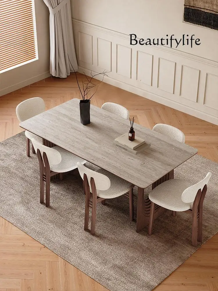 

Solid Wood Rectangular Dining Table with Stone Slab Top, Modern Minimalist Walnut Color, Mid-Century Wabi-Sabi Style