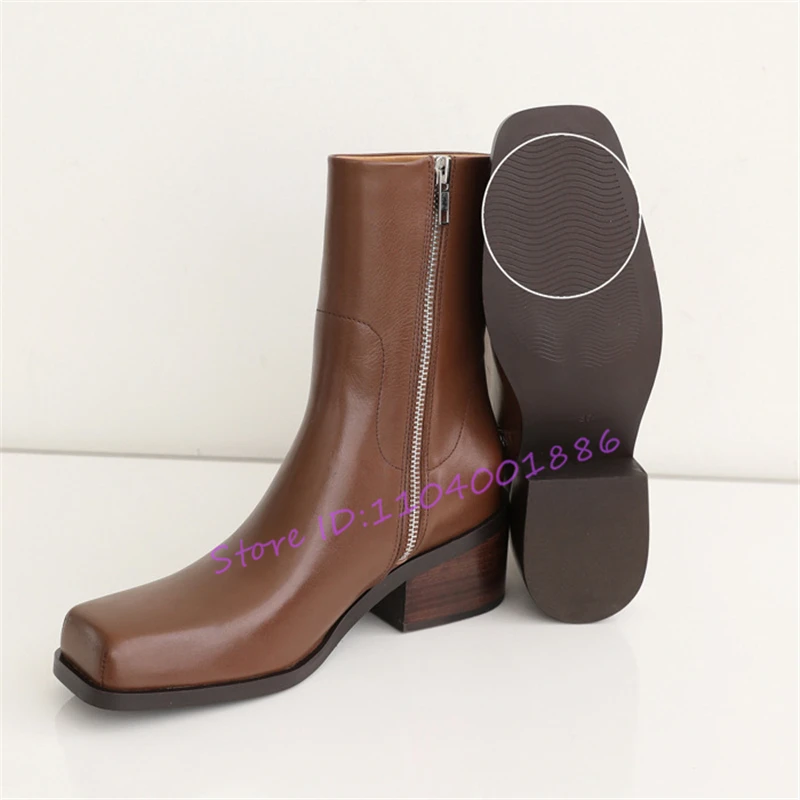 أحذية قصيرة بكعب سميك بمقدمة مربعة للنساء لربيع وخريف موضة جديدة بسحاب جانبي أحذية متوسطة الطول أحذية مريحة في الهواء الطلق #1