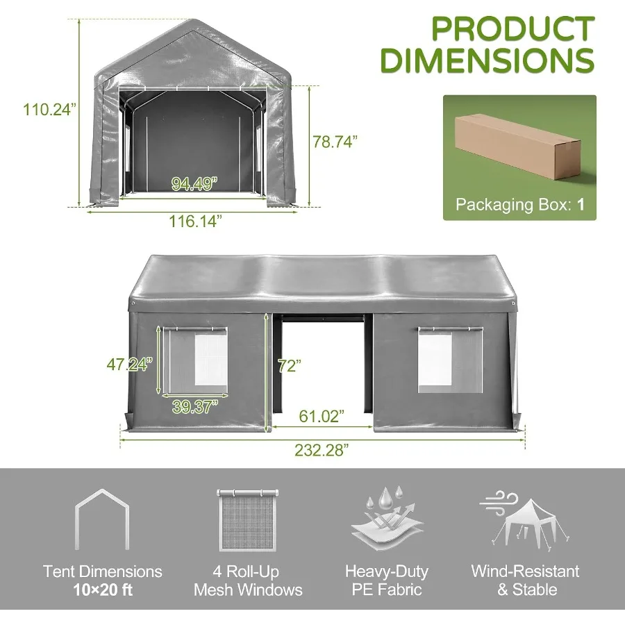 Carport 10x20 Feet Heavy Duty Portable Garage, Roll-up Windows, Car Canopy